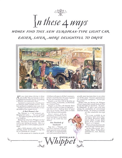 Overland Whippet Ad (May, 1927) – In these 4 ways women find this new European-type light car easier, safer, more delightful to drive – Illustrated by Floyd Brink