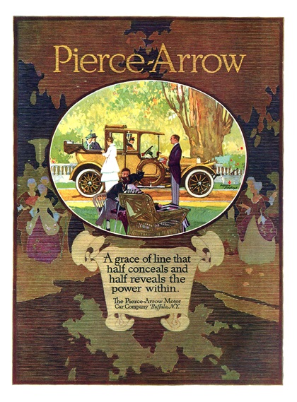 Pierce-Arrow Ad (August–September, 1915) – A grace of line that half conceals and half reveals the power within. – Illustrated by Myron Perley