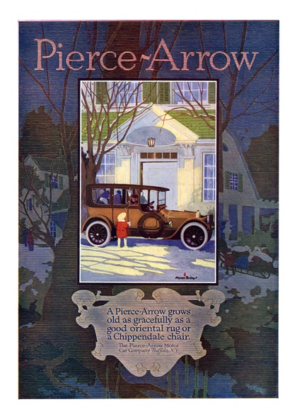 Pierce-Arrow Ad (January, 1916) – A Pierce-Arrow grows old as gracefully as a good oriental rug or a Chippendale chair. – Illustrated by Myron Perley