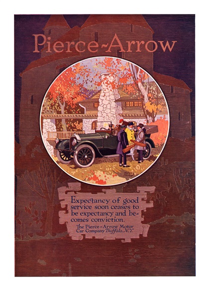 Pierce-Arrow Ad (1916) – Expectancy of good service soon ceased to be expectancy and becomes conviction. – Illustrated by Myron Perley