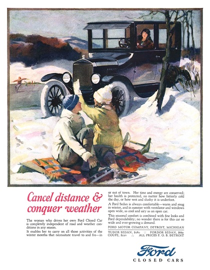 Ford Model T Ad (February, 1925) – Cancel distance & conquer weather – Illustrated by Haddon Sundblom