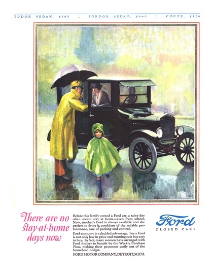 Ford Model T Ad (April, 1925) – There are no stay-at-home days now – Illustrated by Tyler