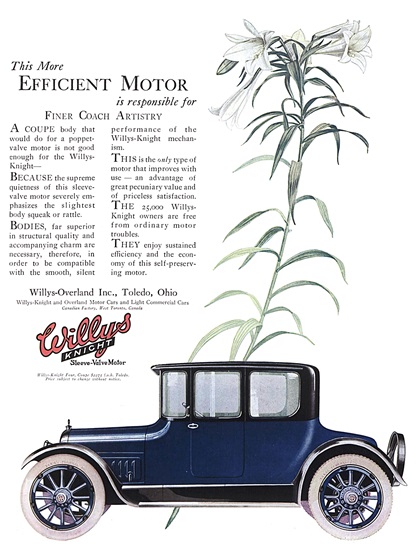 Willys-Knight Coupe Ad (April–May, 1918) – This More Efficient Motor is resposible for Finer Coach Artistry
