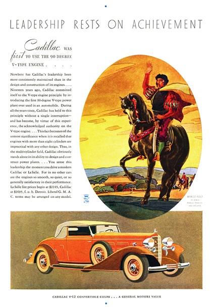 Cadillac V-12  Ad (May, 1933) – Cadillac was first to use the 90-degree V-type Engine – Marco Polo of Venice, Famous Traveler and Explorer