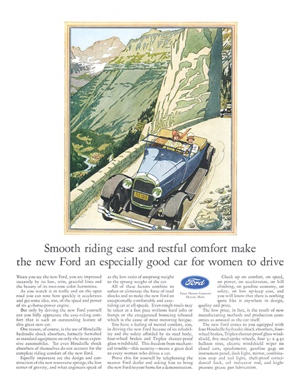 Ford Model A Coupe Convertible Ad (August, 1928) – Smooth riding ease and restful comfort make the new Ford an especially good car for women to drive
