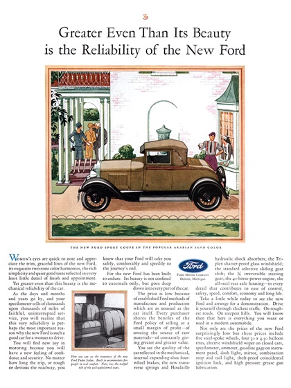Ford Model A Sport Coupe Ad (September, 1928) – Greater Even Than Its Beauty is the Reliability of the New Ford