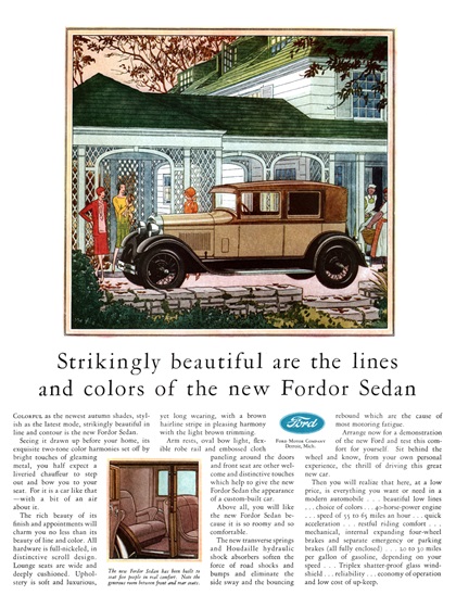 Ford Model A Fordor Sedan Ad (October, 1928) – Strikingly beautiful are the lines and colors of the new Fordor Sedan