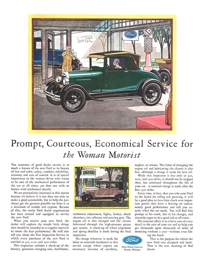 Ford Model A Coupe Ad (July, 1929) – Prompt, Courteous, Economical Service for the Woman Motorist