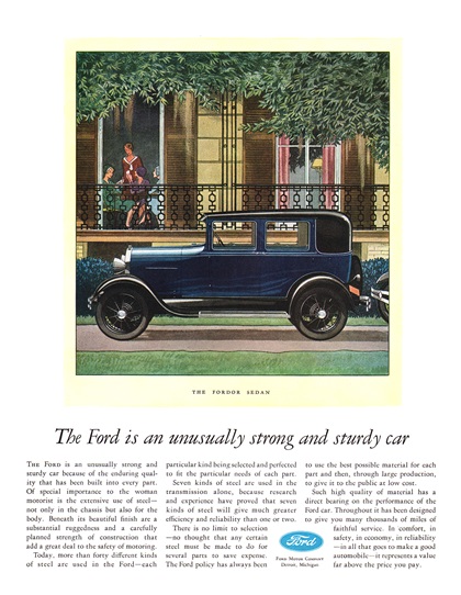 Ford Model A Fordor Sedan Ad (November, 1929) – The Ford is an unusually strong and sturdy car