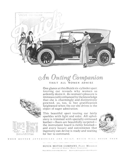 Buick Six Sport Touring Car Ad (April, 1923) – An Outing Companion That All Women Admire