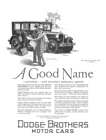 Dodge Brothers Sedan Ad (August, 1926) – A Good Name – Illustrated by Harry Laverne Timmins