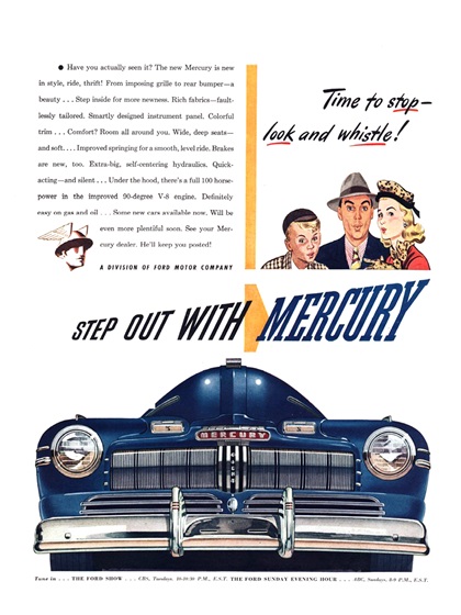 Mercury Ad (December, 1945) – Step Out With Mercury – Time to stop – look and whistle!
