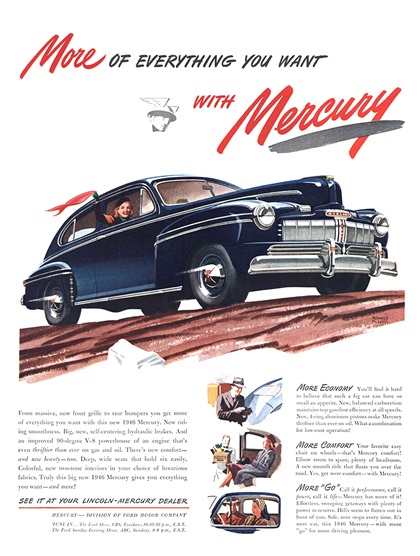 Mercury Two-Door Sedan Ad (February, 1946) – More Of Everything You Want With Mercury – Illustrated by Ronald McLeod