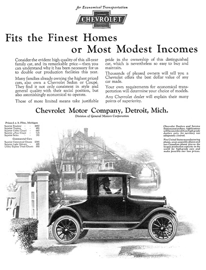 Chevrolet Superior Utility Coupé Ad (April, 1924): Fits the Finest Homes or Most Modest Incomes