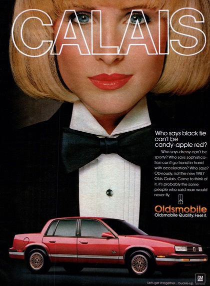 Oldsmobile Calais Ad (1987) – Who says black tie can't be candy-apple red? 