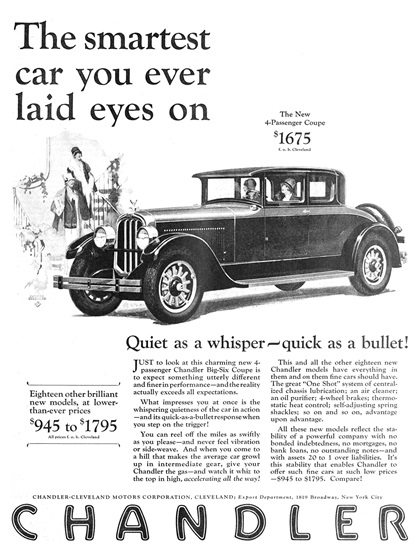 Chandler Big Six 4-Passenger Coupe Ad (October, 1926) – The smartest car you ever laid eyes on – Illustrated by George Shepherd