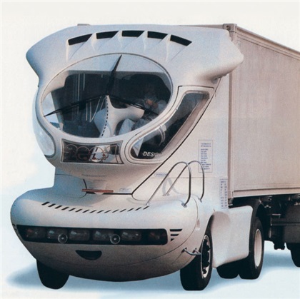 The first roadworthy prototype of an aerodynamic truck Presentation of the first streamlined trucks at the IAA in Frankfurt.