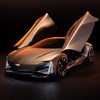 Front 3/4 view of Cadillac Opulent Velocity concept vehicle with open butterfly doors.