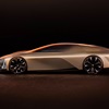 Side view of Cadillac Opulent Velocity concept vehicle in Gilded Pearl exterior color.