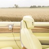 Close up view of Cadillac SOLLEI driver seat interior, featuring wood door decor with Sunburst motif.