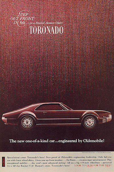 Oldsmobile Toronado, 1966 - The new one-of-a-kind car...engineered by Oldsmobile!