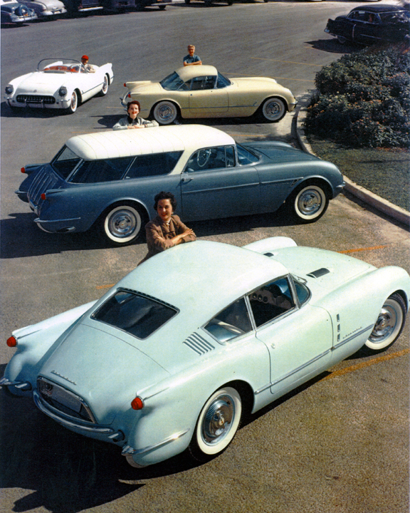 Corvette show cars: Convertible, Coupe, Nomad wagon, Corvair fastback coupe (1954)