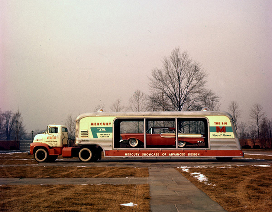 A specially designed trailer with large plexiglass side panels was used to transport the vehicle; a standard Ford COE tractor pulled the trailer and its unique cargo.