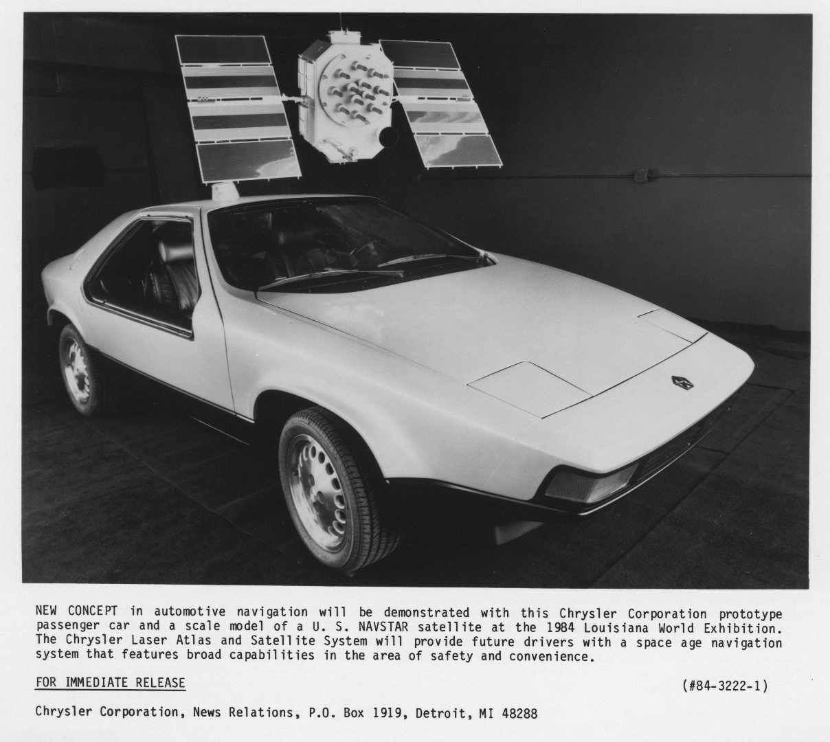 Chrysler Stealth concept car and a scale model of a U. S. NAVSTAR satellite at the 1984 Louisiana World Exhibition