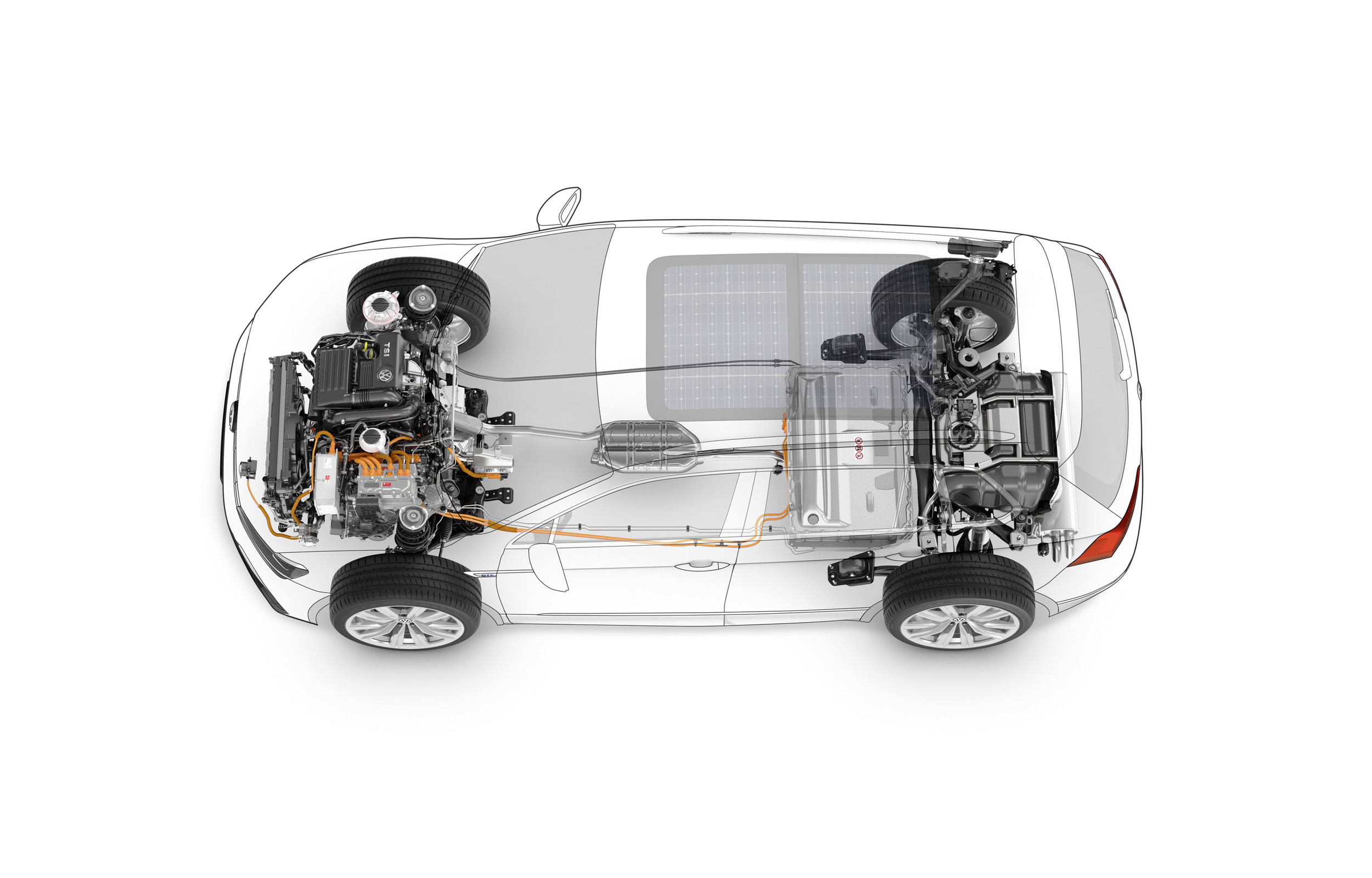 ДВС установлен на передней оси, а электромотор – на задней. На крыше расположена панель солнечных батарей, которые вырабатывают дополнительную электроэнергию