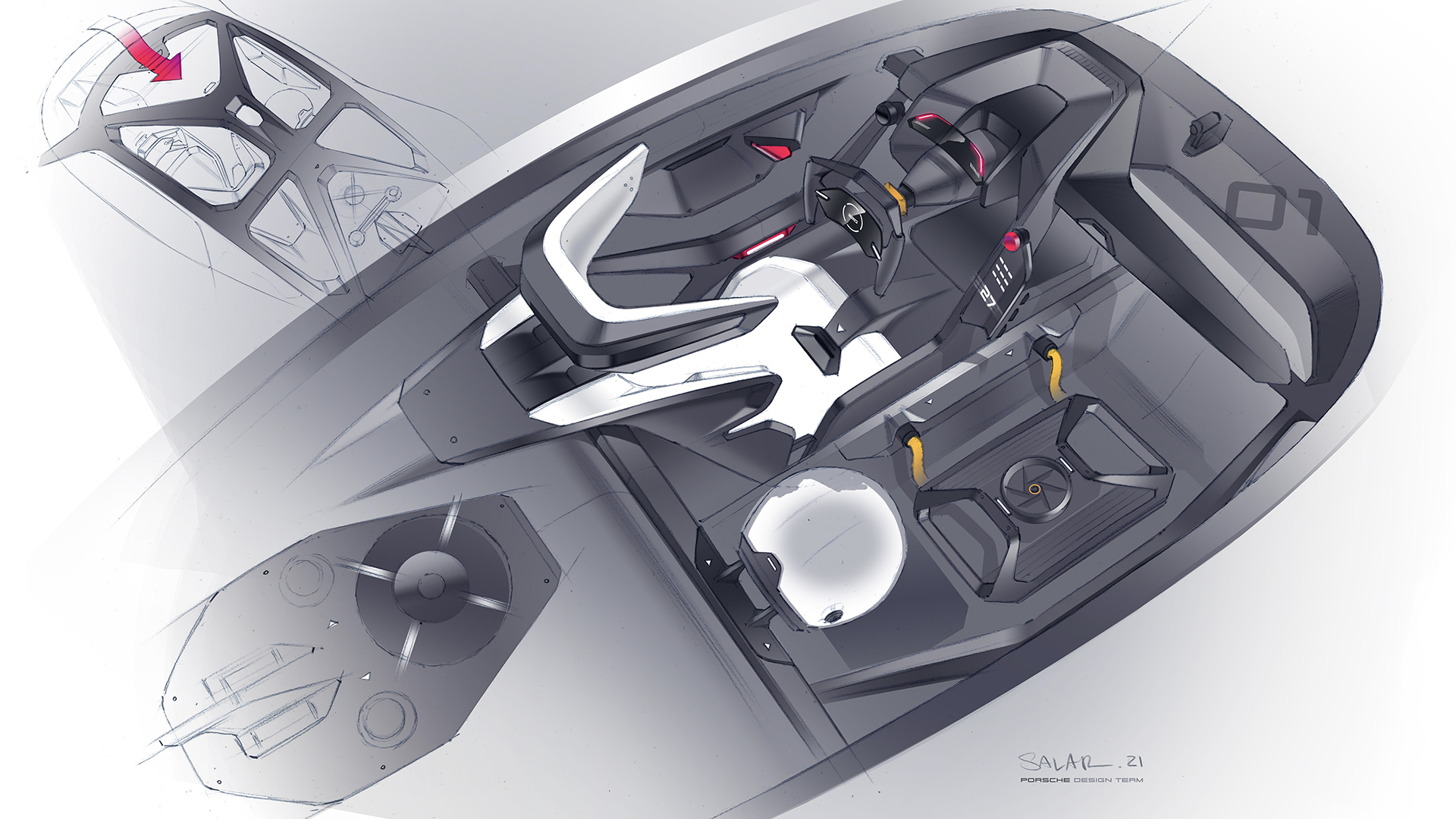 Porsche Mission R, 2021 – Design sketch – Interior