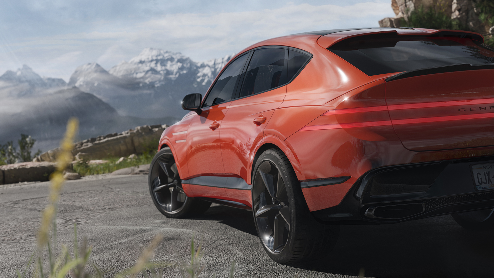 GV80 Coupe Concept's long hood and generous dash-to-axle proportions are further emphasized by the anti-wedge parabolic line. The muscular blisters and fenders contrast the vehicle's elegant coupe silhouette.