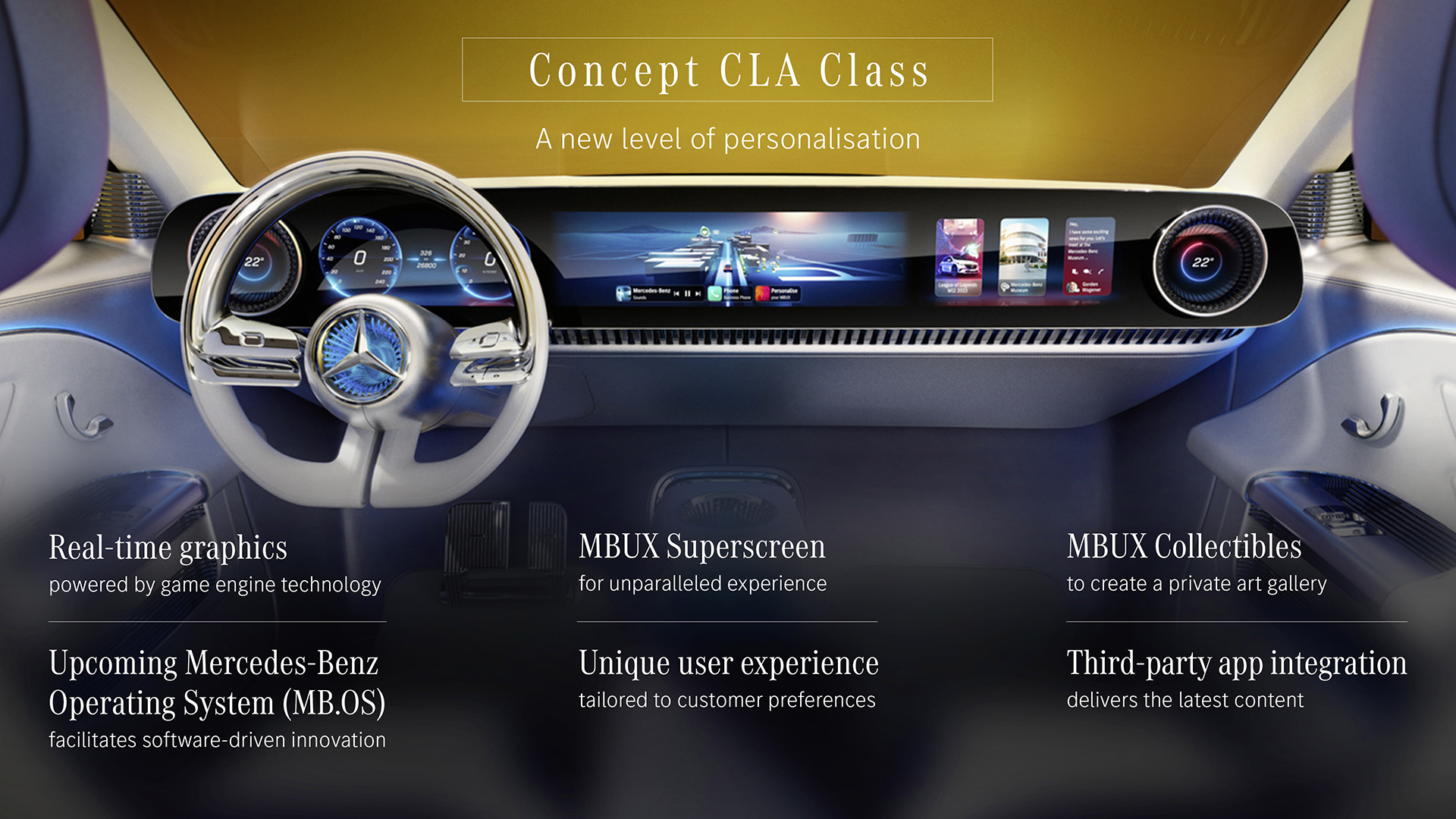 Mercedes-Benz Concept CLA Class, 2023 –The new Mercedes-Benz Operating System (MB.OS) uses supercomputing and artificial intelligence to facilitate new level of personalisation, safety, convenience and automated driving 
