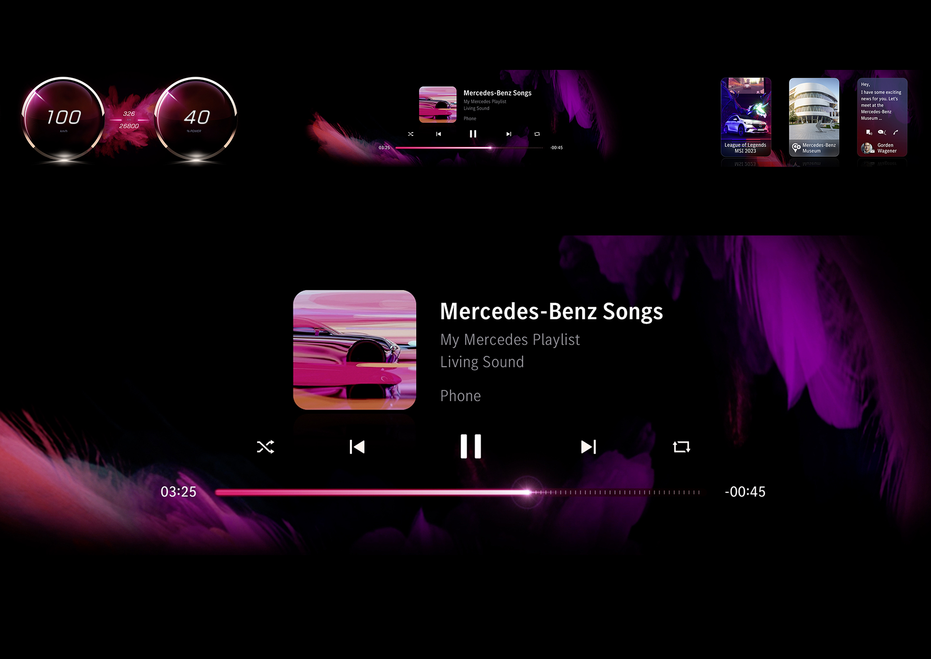 Mercedes-Benz Concept CLA Class, 2023 – UI/UX delivers digital luxury experience individualised to customer needs through art, entertainment and advanced immersive graphics