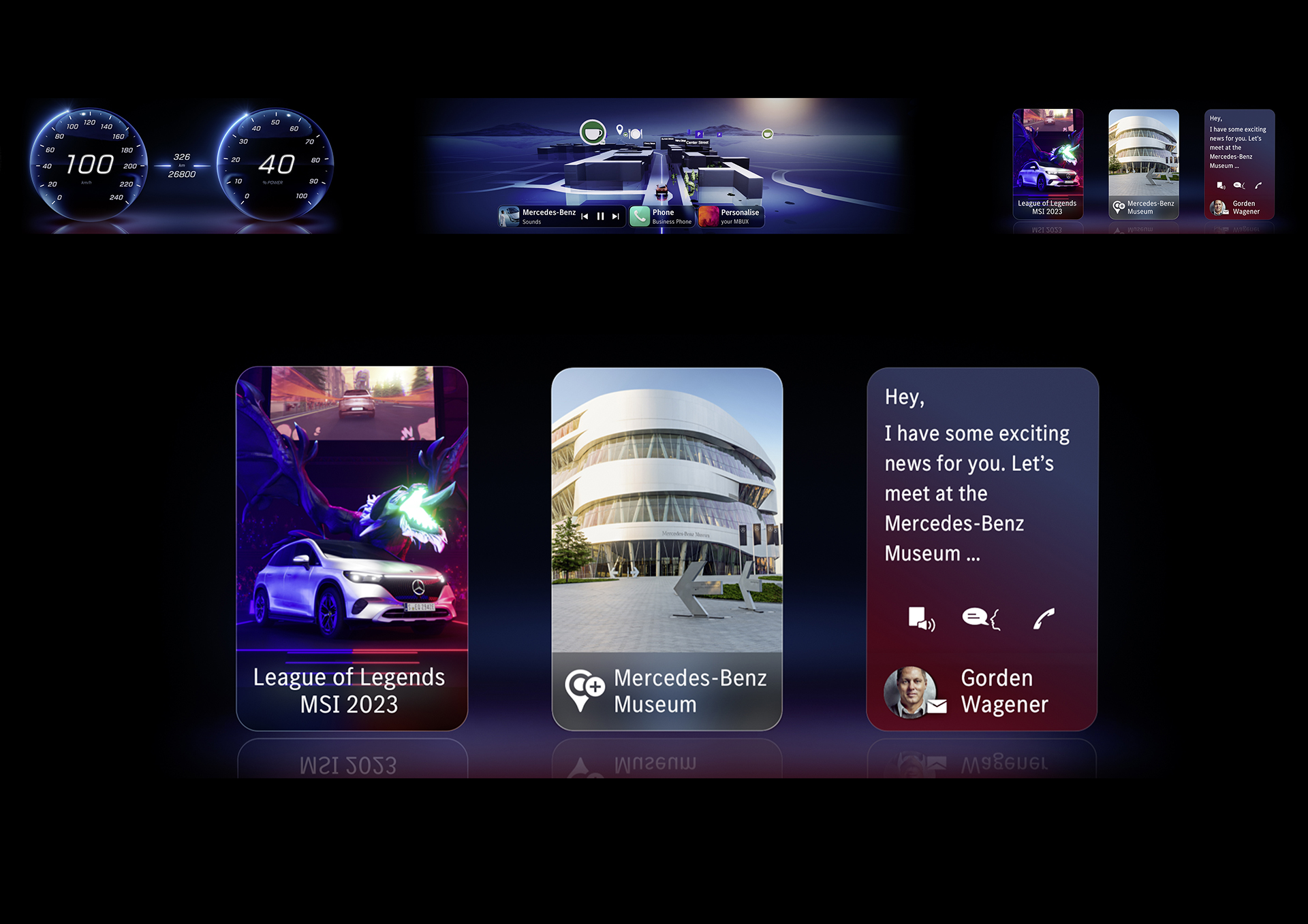 Mercedes-Benz Concept CLA Class, 2023 – UI/UX delivers digital luxury experience individualised to customer needs through art, entertainment and advanced immersive graphics