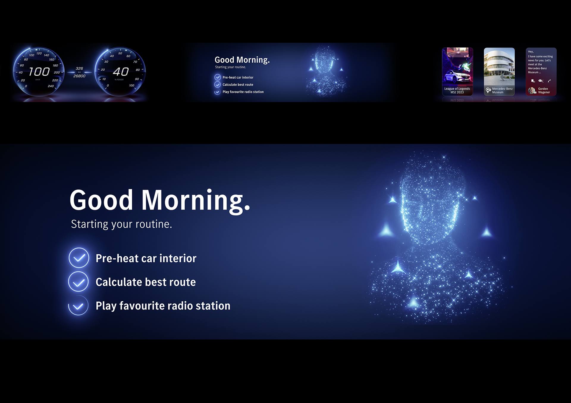 Mercedes-Benz Concept CLA Class, 2023 – UI/UX delivers digital luxury experience individualised to customer needs through art, entertainment and advanced immersive graphics