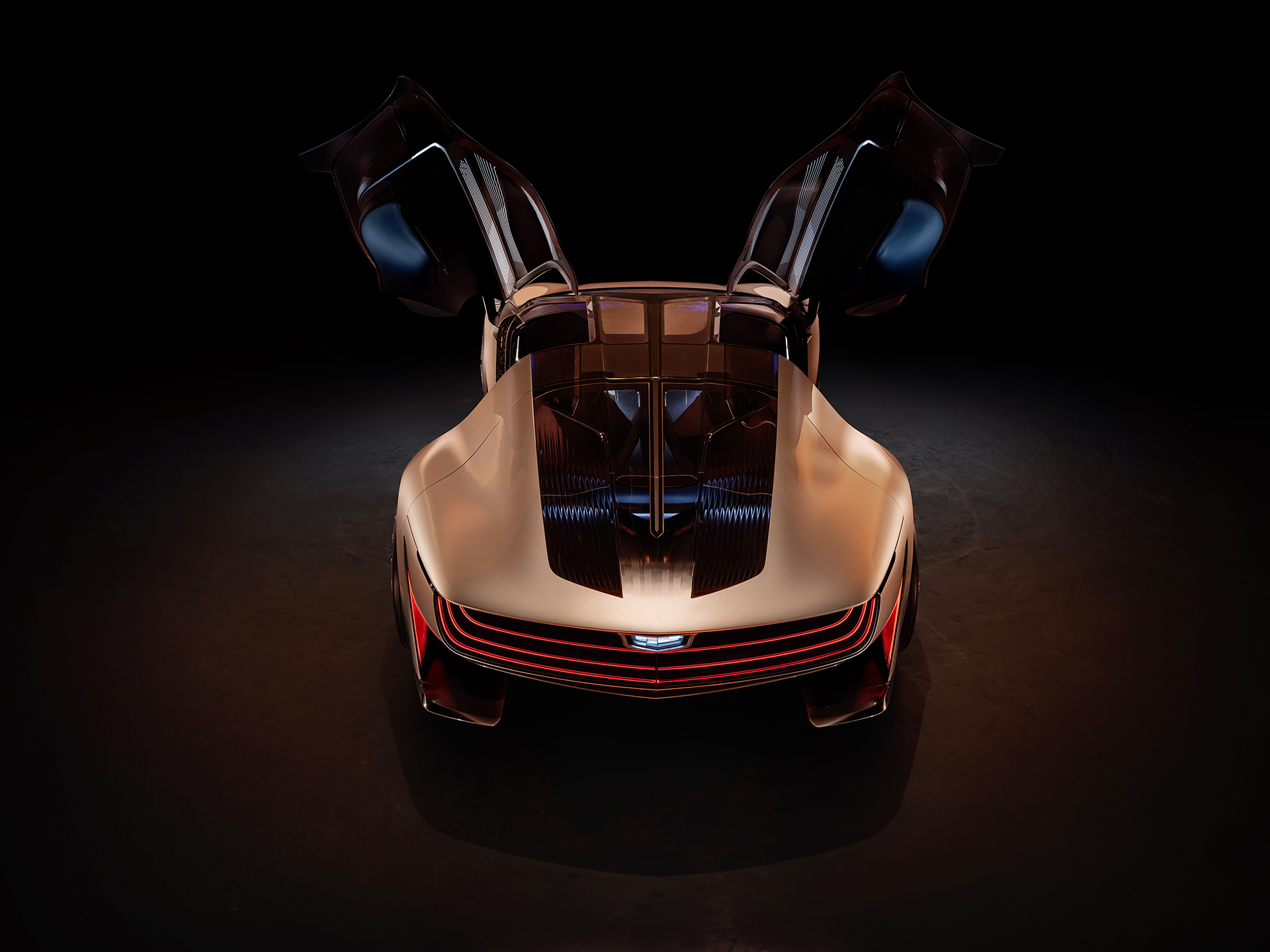 Birds-eye view of Cadillac Opulent Velocity concept vehicle with open butterfly doors.