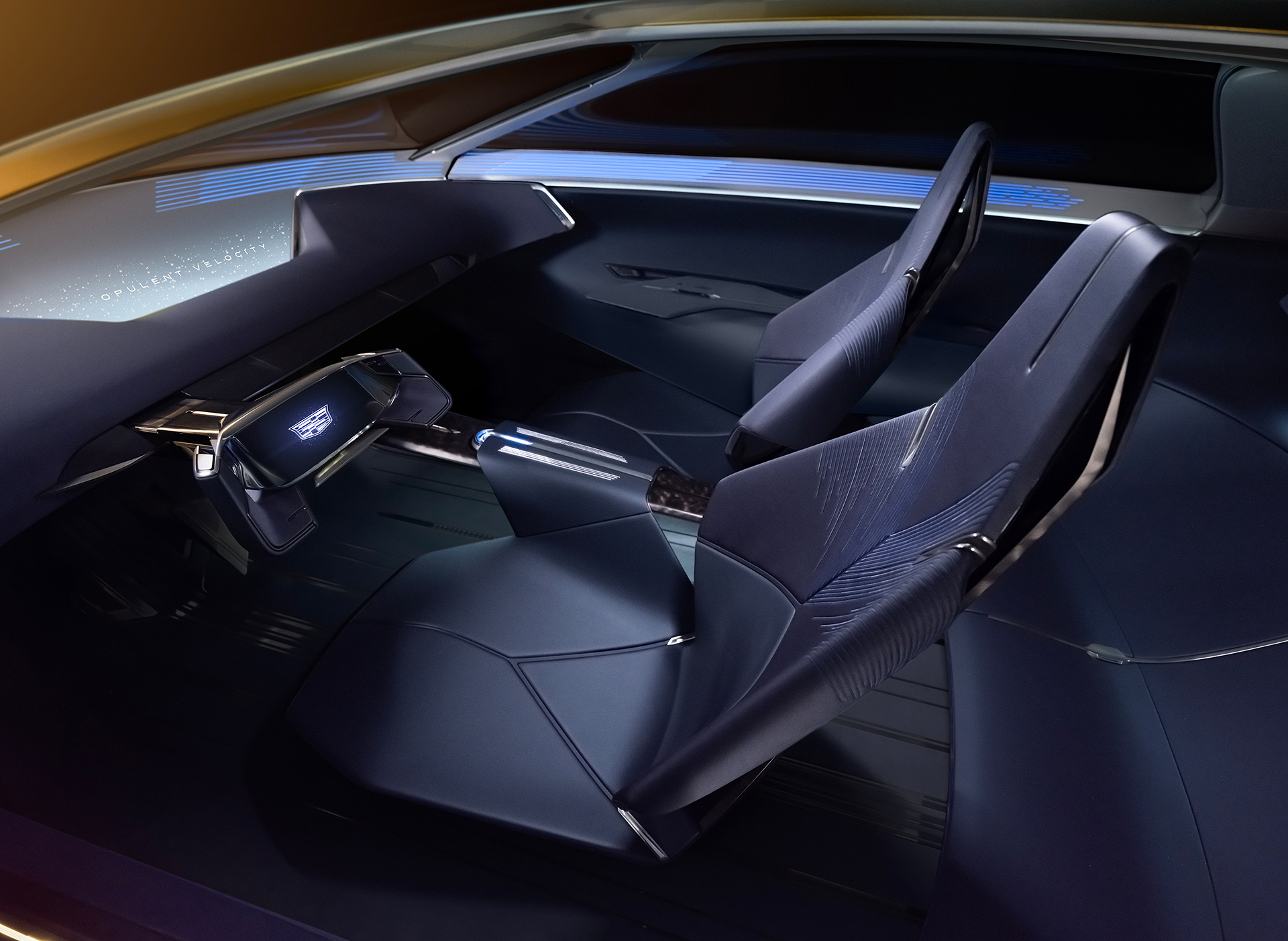 Interior of Opulent Velocity concept vehicle with Selene Metallic dark blue interior, Y-shape steering wheel and HUD screen.