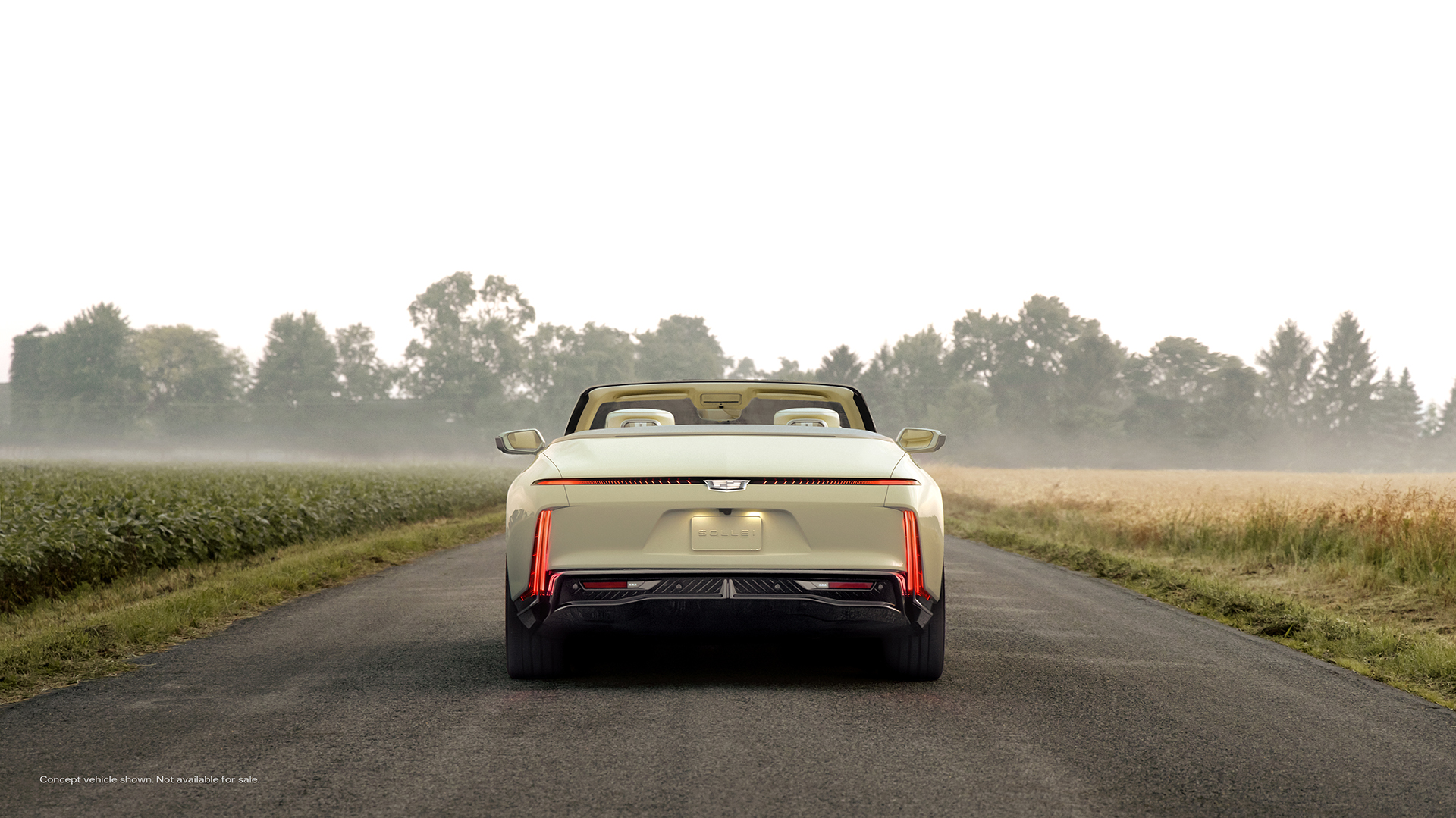Rear view of Cadillac SOLLEI concept vehicle with Sunburst motif upper rear taillamp lit graphic