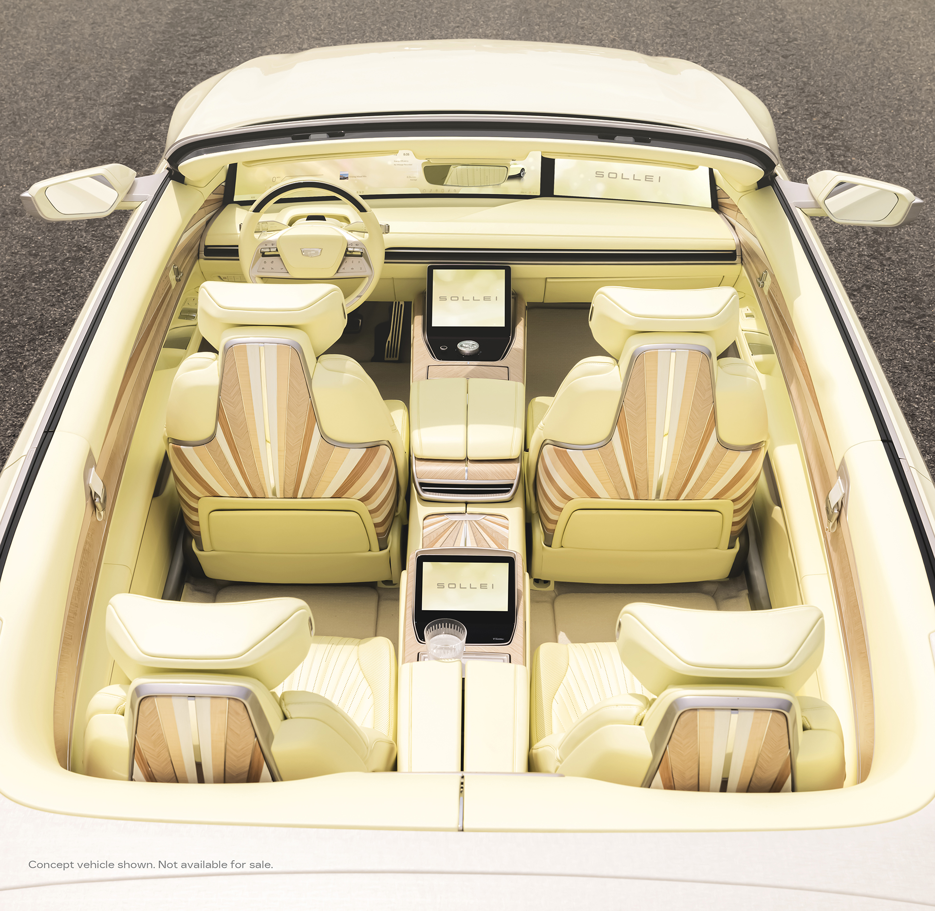 Birds eye view of Cadillac SOLLEI concept vehicle with bespoke Sola Yellow Iridescent interior
