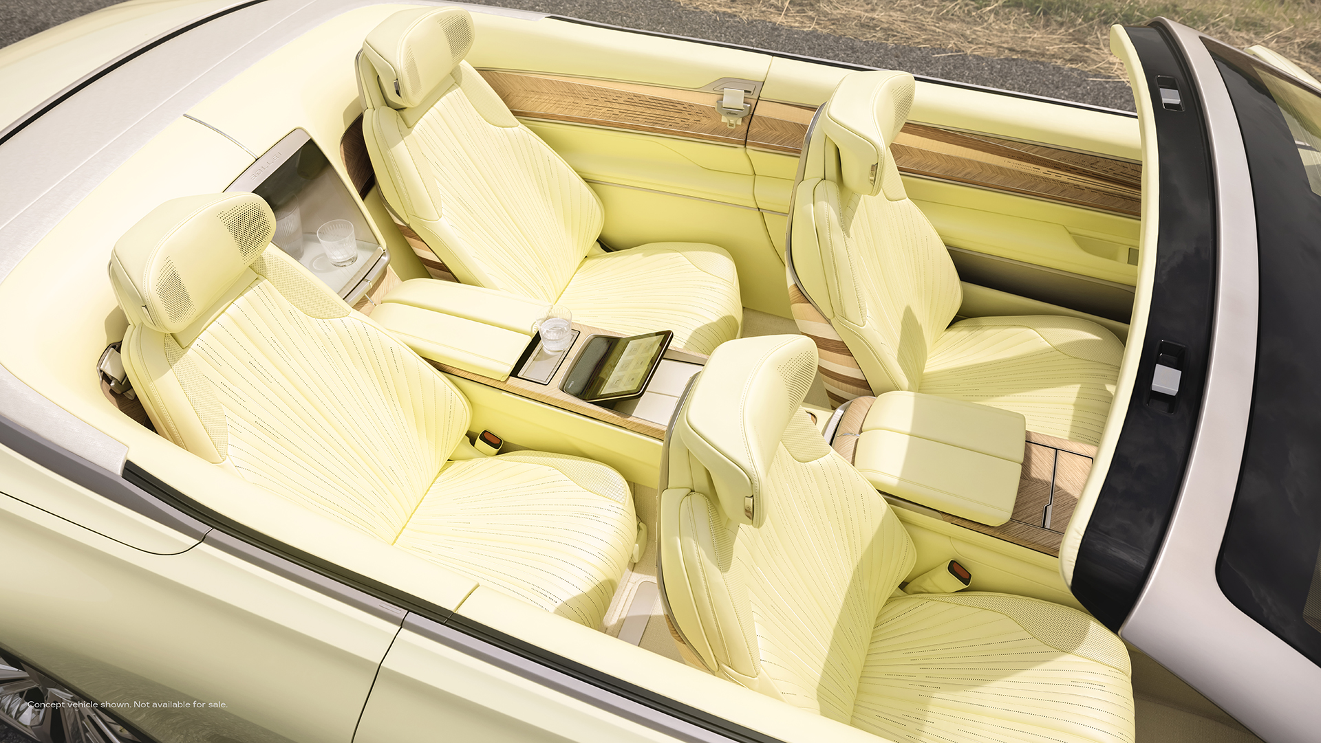 Birds eye view of Cadillac SOLLEI concept vehicle with bespoke Sola Yellow Iridescent interior