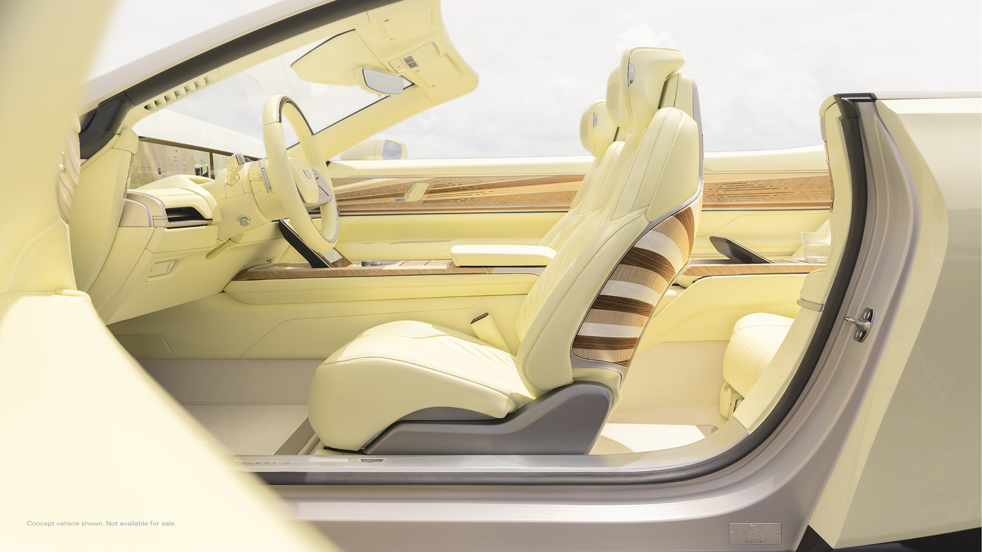 Side view of Cadillac SOLLEI concept vehicle interior in bespoke Sola Yellow Iridescent