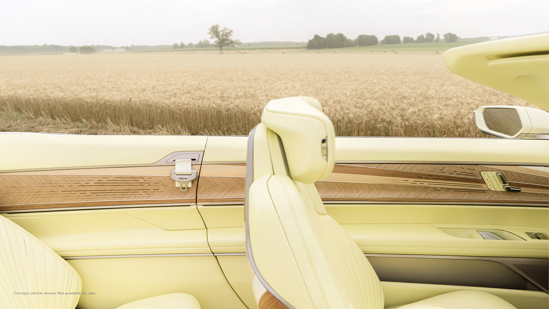 Close up view of Cadillac SOLLEI driver seat interior, featuring wood door decor with Sunburst motif.