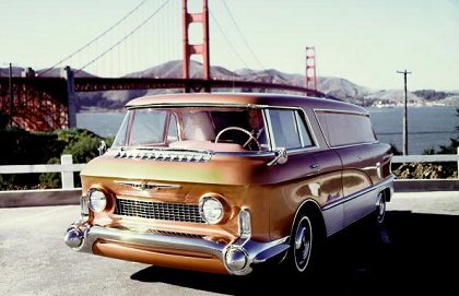 GMC L'Universelle Experimental Truck, 1955 - This photo was taken in San Francisco in March of 1955, just before the Motoramas opening in that city. Dagmar bumper cones are attention grabbing on a Cadillac; even more so on a GMC truck.