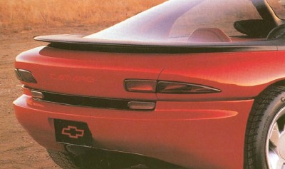 A super-slim tail spoiler featured the only razor edge on the otherwise rounded body of the 1989 Chevrolet California IROC Camaro concept car.