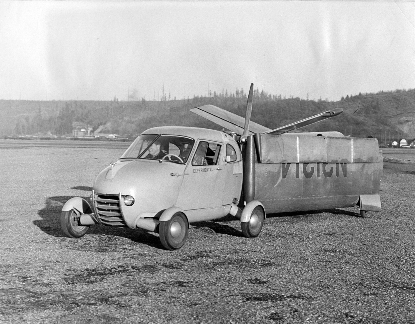 Portland, Ore. Mar. 3rd, 1950 - Moulton Taylor, and his Aerocar, just prior to a 'jump' from Centralia to Chehalis in one of his recent experimental fly-runs.