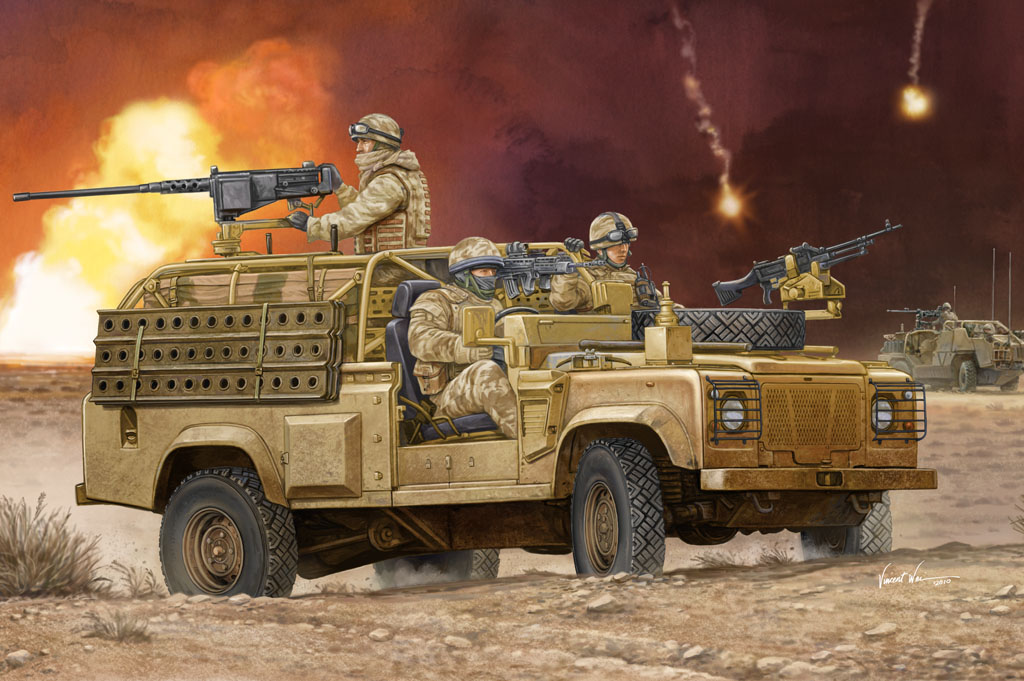 Land Rover Defender XD 'Wolf' W.M.I.K. (Weapons Mount Installation Kit)  - Illustration: Vincent Wai - HobbyBoss Model Boxart