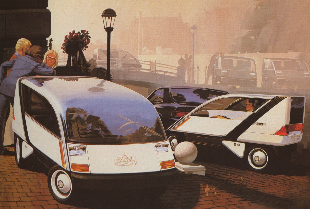 Concept painting for Credit Subscription Commuter Cars, originally designed for Philips and published in Playboy magazine (1970). From Syd Mead's book Sentinel. - The idea behind the design was a plan, drawn up in cooperation with the Dutch government, to make a fleet of small vehicles available to the public within the three-canal perimeter of Central Amsterdam, on a credit-subscription basis.