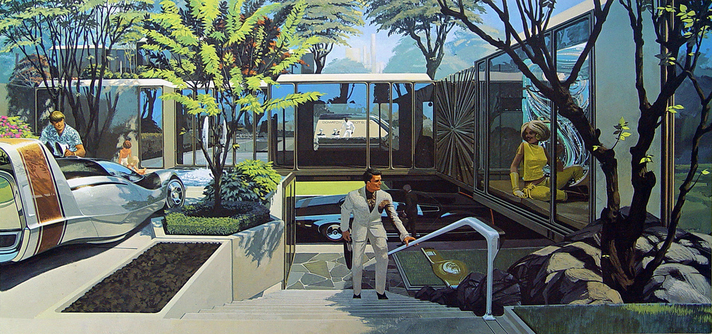 Syd Mead: U.S. Steel Interface - a portfolio of probabilities, 1969 - Residential City Modules - In the domestic scene above, Mead presents his design for a residence built with steel post and beam modules with a cast ornamental frame visible just inside the building.