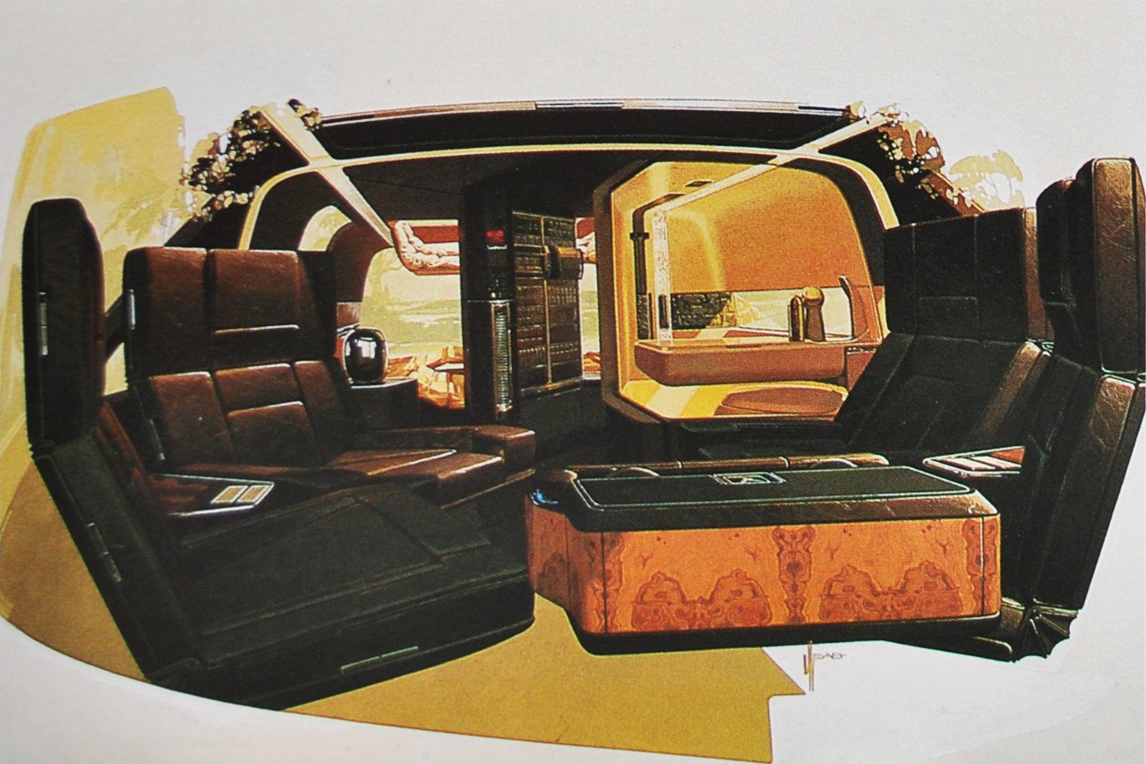 Conversation format - When our land yacht is parked, its brain box (front center) can be closed and pivoted to double as a cocktail table. The bath is shown with its door cut away; to its left are the food-prep unit and audio-video center. At rear, you see the open-air skylight with its electronic sun deck partially lowered.