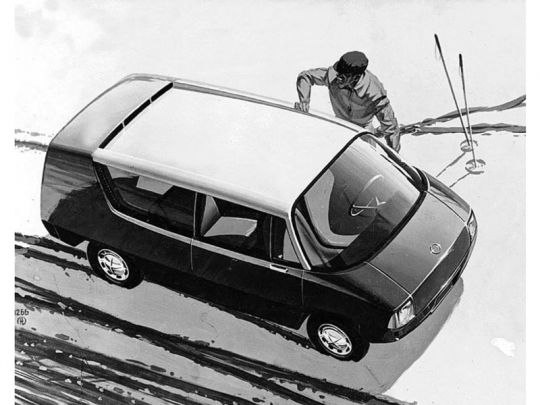 ВНИИТЭ Макси (1967) - Рисунок Эдуарда Молчанова - Хорошо виден спойлер-воздухозаборник в задней части крыши и сдвинутые далеко вперед передние сиденья.